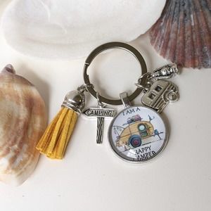 4/$20 Yellow Camper Vintage Trailer Wagon Camping Keyring Keychain tassel burlap